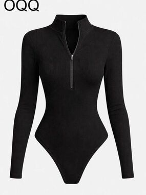 Stylist Black Ribbed Long-Sleeve Zip-Front One-Piece Bodysuit
